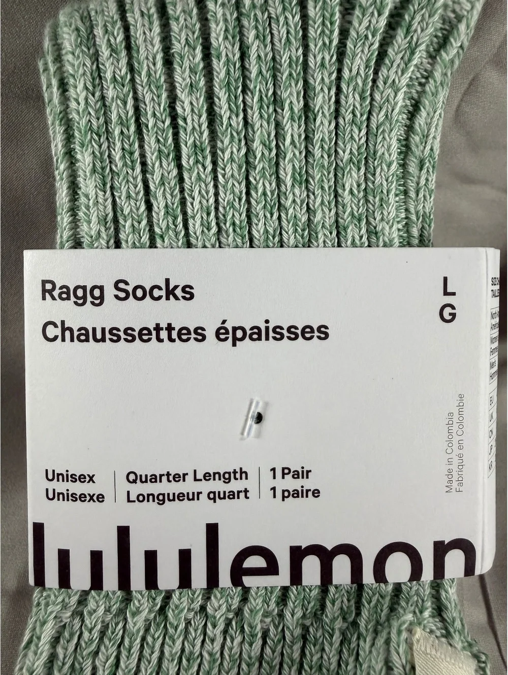 lululemon Ragg Socks in Ideal Mint/Heathered Green Quarter Length Unisex Large
